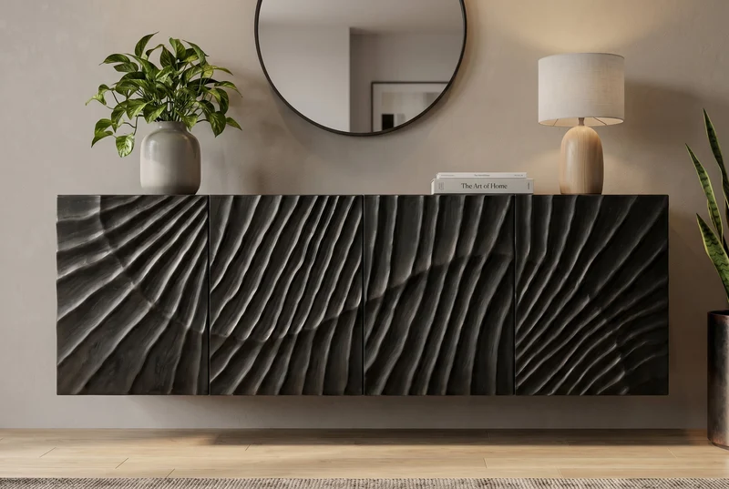 Buffet massif SCORPION 180cm noir suspendu en manguier design 3D