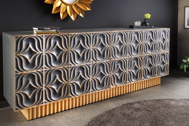Buffet fait main PIAZZA SAN MARCO 180cm gris doré en bois de manguier massif design 3D