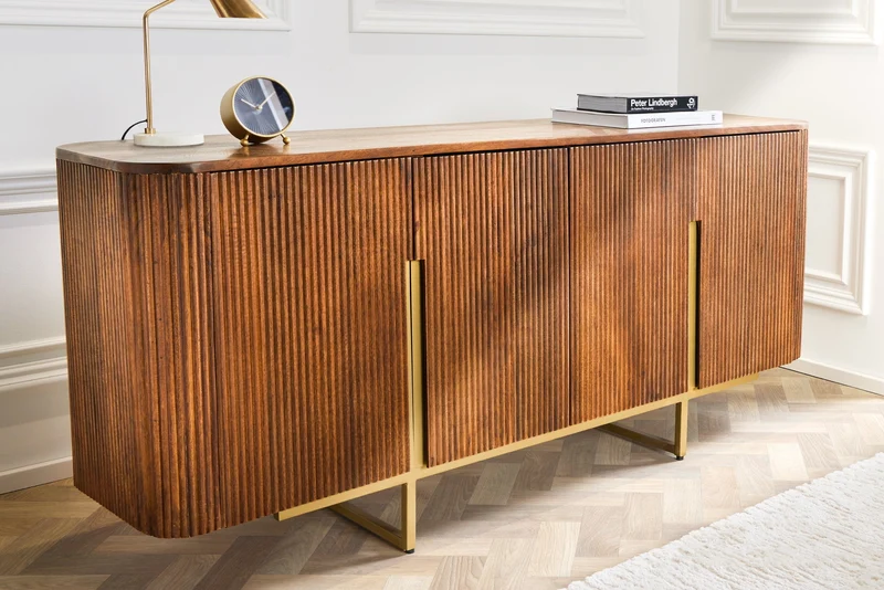 Buffet design GATSBY 160cm marron mat doré bois de manguier rétro