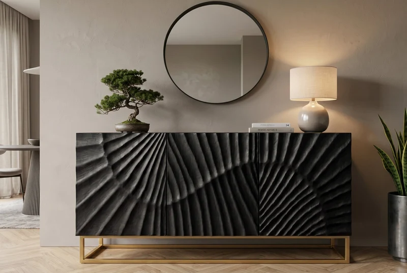 Buffet massif SCORPION 140cm en bois de manguier noir avec sculptures 3D élaborées