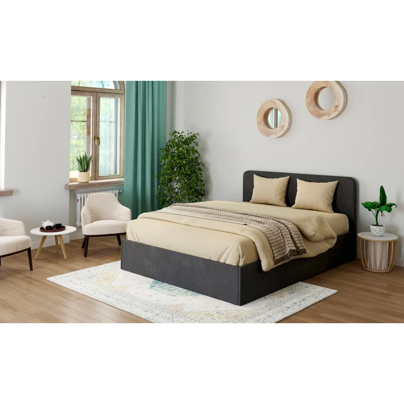 Lit coffre Louise en velours gris avec sommier et tête de lit arrondie 140x190cm