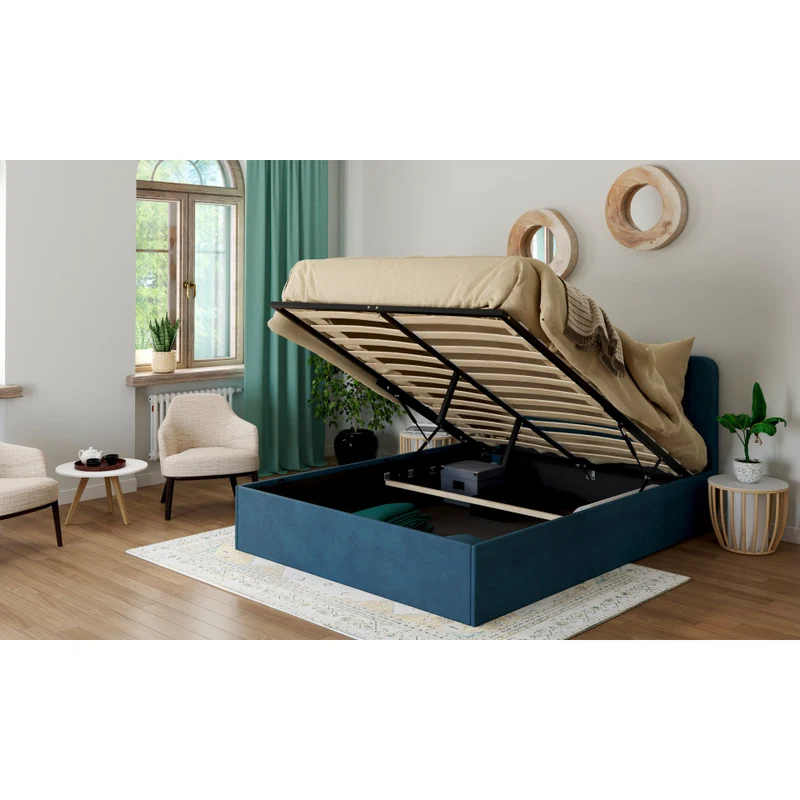 Lit coffre Louise en velours bleu avec sommier et tête de lit arrondie 140x190cm