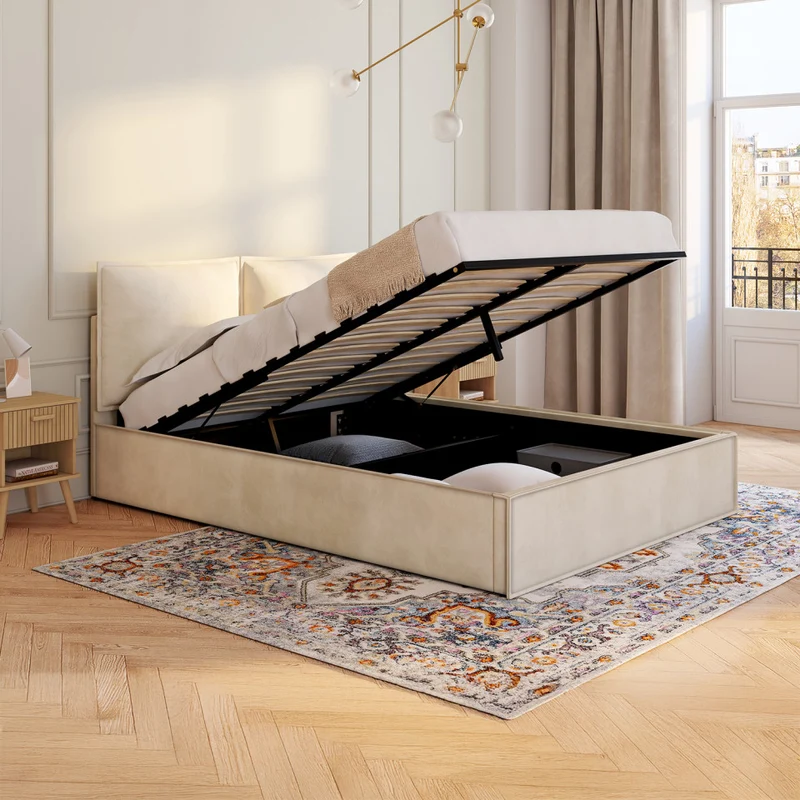 Lit coffre Lilou en velours beige avec sommier et tête de lit effet oreiller 140x190cm