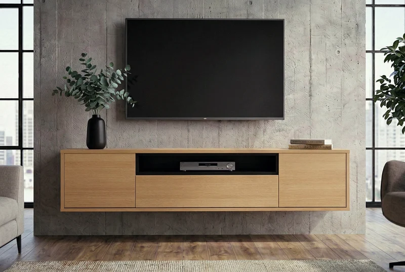 TV-Board suspendu LOFT 150cm naturel noir cinq compartiments avec tiroir