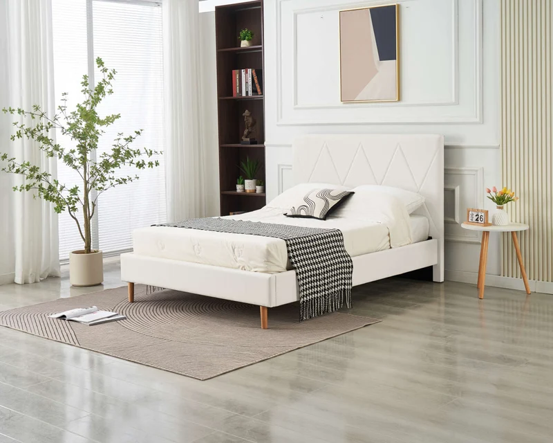 LIT DOUBLE SQUARE PIED BOIS SIMILICUIR BLANC 140X190CM