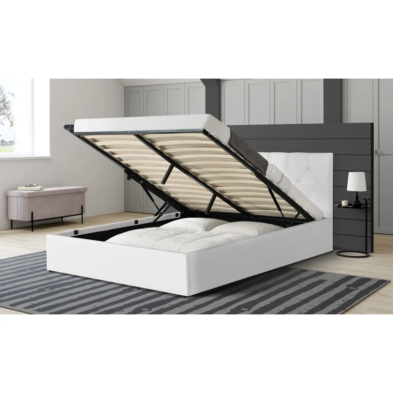 Lit coffre Hanna en PVC blanc avec sommier 140x190cm