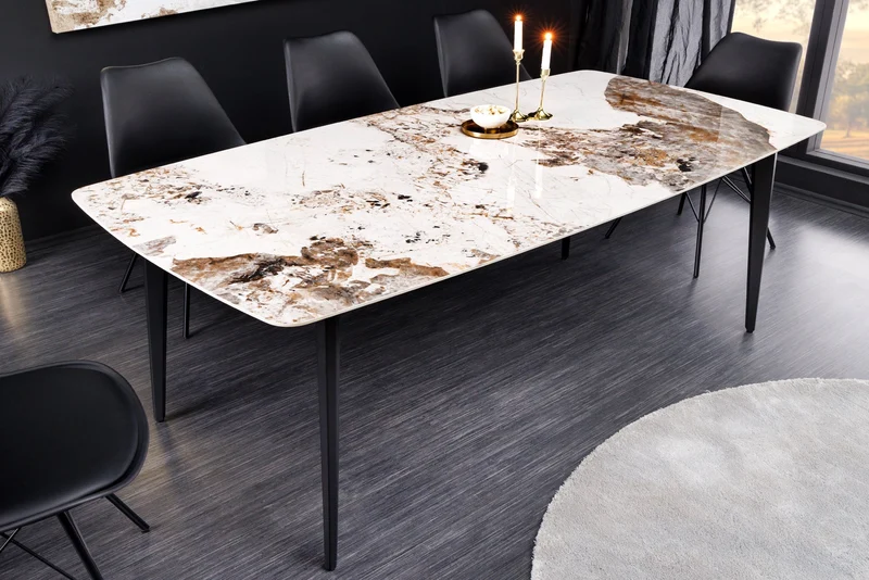Table à manger MILANO 160cm céramique Pandora blanche structure métal noir