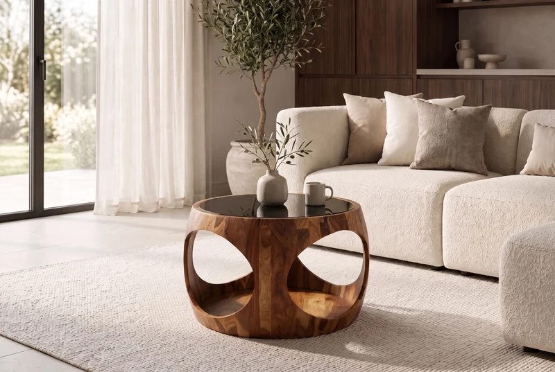 Table basse ronde ORGANIC LOOP 60cm finition pierre marron bois sheesham verre noir