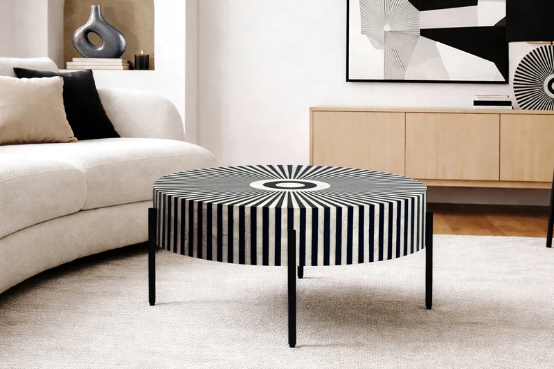 Table basse incrustation d’os HARMONY NATURE 65cm noir blanc intarsia artisanat