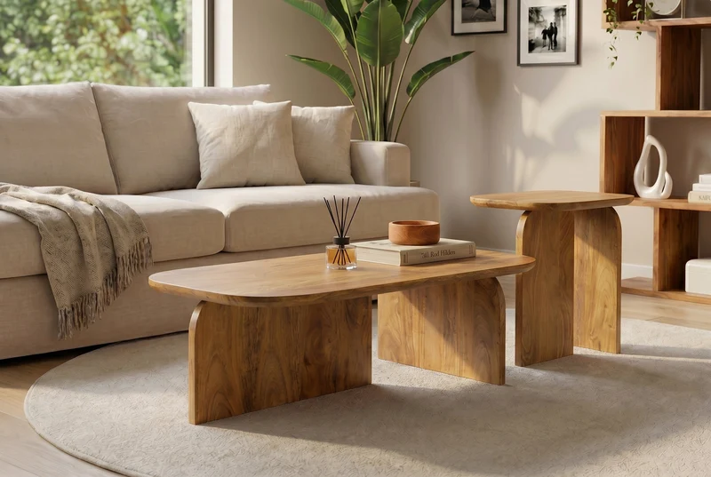 Set de 2 tables basses GATSBY 100 cm en bois de mangue brun, forme organique, table d’appoint
