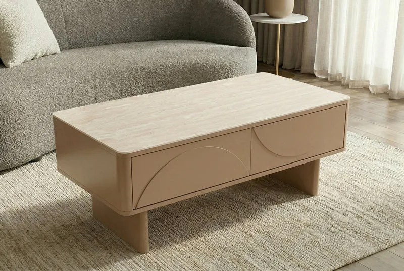 Design table basse SAVOY 120cm gris beige greige céramique travertin avec tiroir