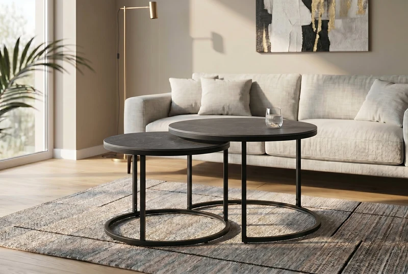 Lot de 2 tables basses rondes ELEGANCE 75cm céramique anthracite métal noir