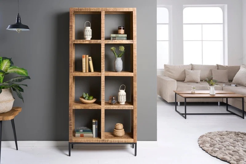 Etagère solide IRON CRAFT 176cm bibliothèque en bois de manguier huit compartiments design industriel