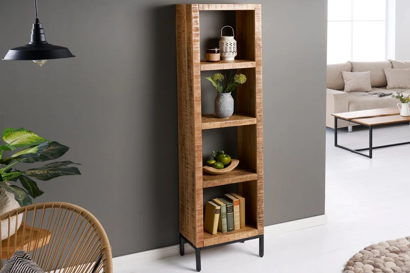 Etagère solide IRON CRAFT 176cm bibliothèque en bois de manguier quatre compartiments design industriel