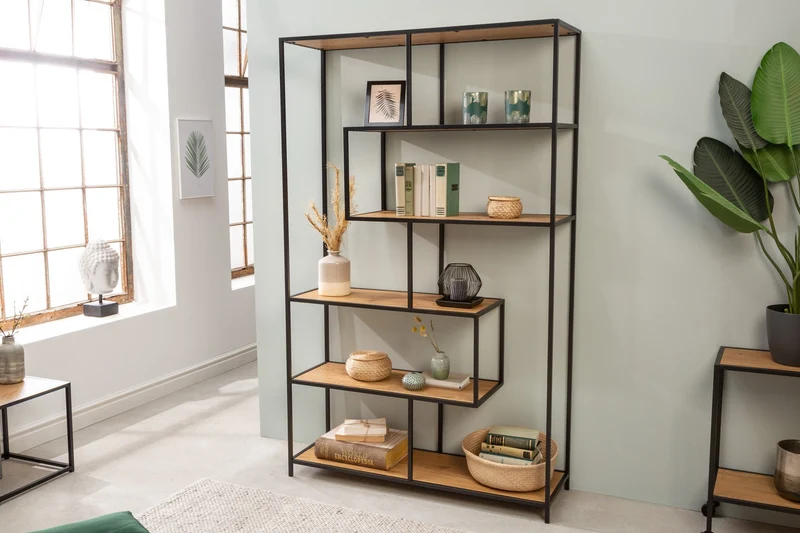 Bibliothèque industrielle SLIM LINE 185x114cm chêne sauvage noir six étagères