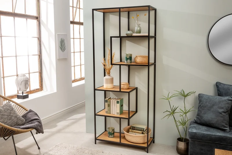 Bibliothèque industrielle SLIM LINE 185cm chêne sauvage noir six étagères