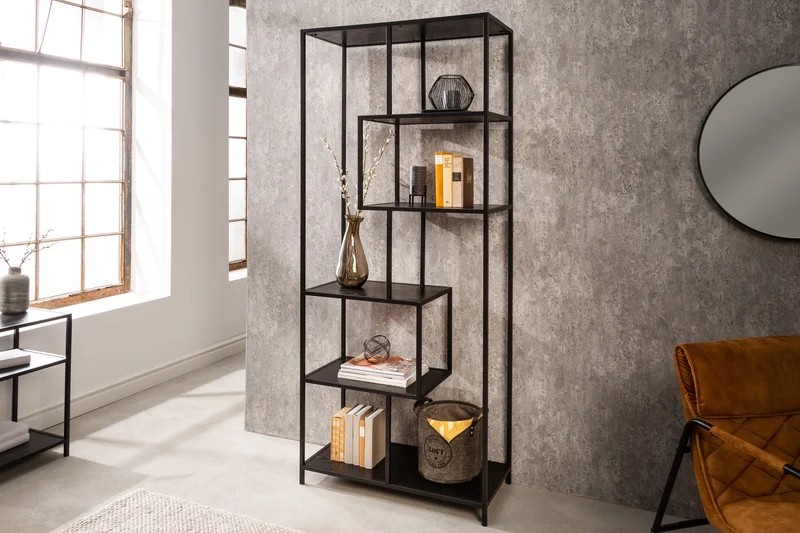 Bibliothèque industrielle SLIM LINE 185cm frêne noir six étagères