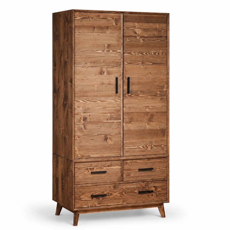 Armoire 2 portes 3 tiroirs en épicéa brossé huilé whisky | Nosta
