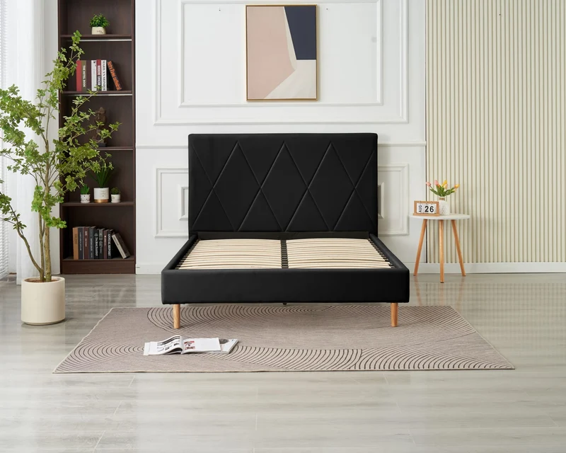 LIT DOUBLE SQUARE PIED BOIS SIMILICUIR NOIR 160X200CM