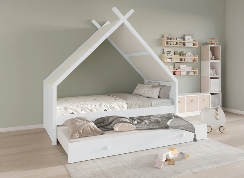 Lit gigogne cabane en bois blanc 90 x 190 cm LIMEO