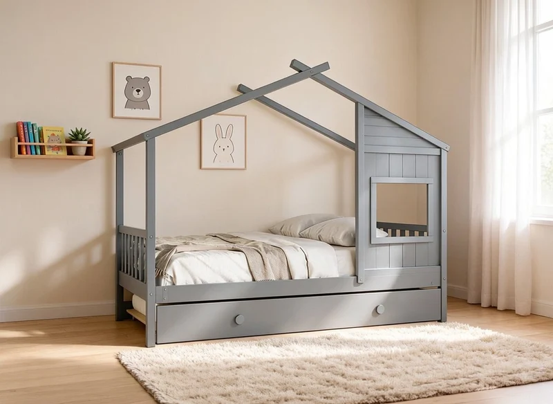 Lit gigogne cabane en bois gris 90 x 190 cm MILIO