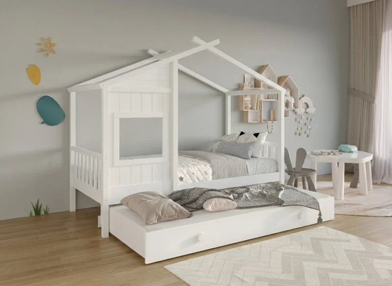 Lit gigogne cabane en bois blanc 90 x 190 cm MILIO