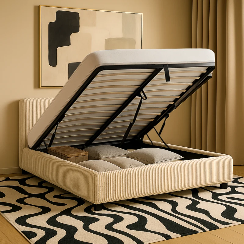 Lit coffre électrique avec tête de lit, velours côtelé, télécommande - Collection Futura design
