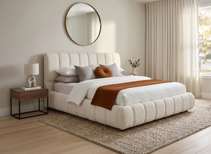 Lit double en tissu bouclette beige 180x200 cm RILEY