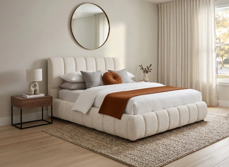 Lit double en tissu bouclette beige 140x190 cm RILEY