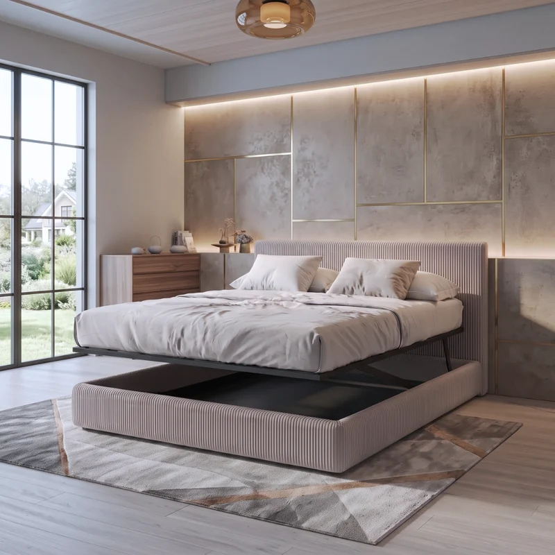 Lit coffre avec tête de lit ouverture latérale et frontale velours côtelé - Collection Parallèle design