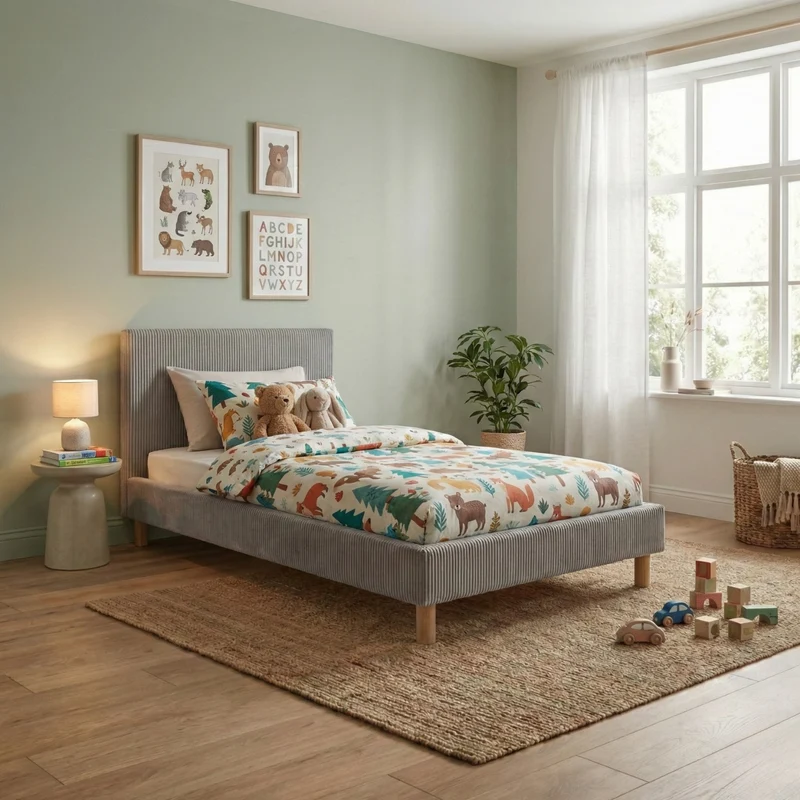 Lit enfant en velours côtelé : sommier à lattes et encadrement collection Anastasia