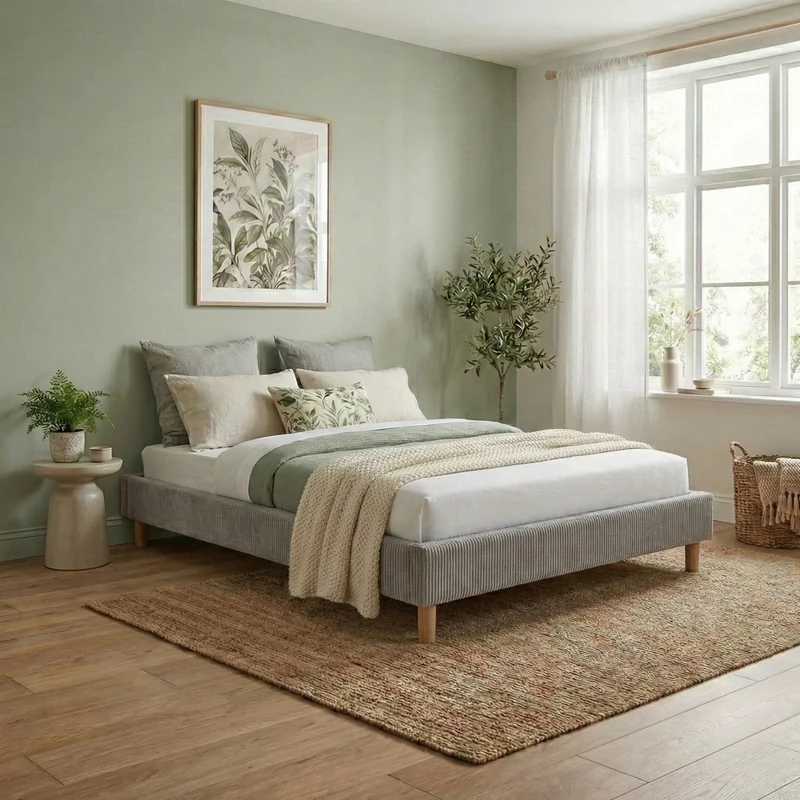 Sommier velours côtelé, cadre de lit, pieds bois, maintien bassin – Collection Deco