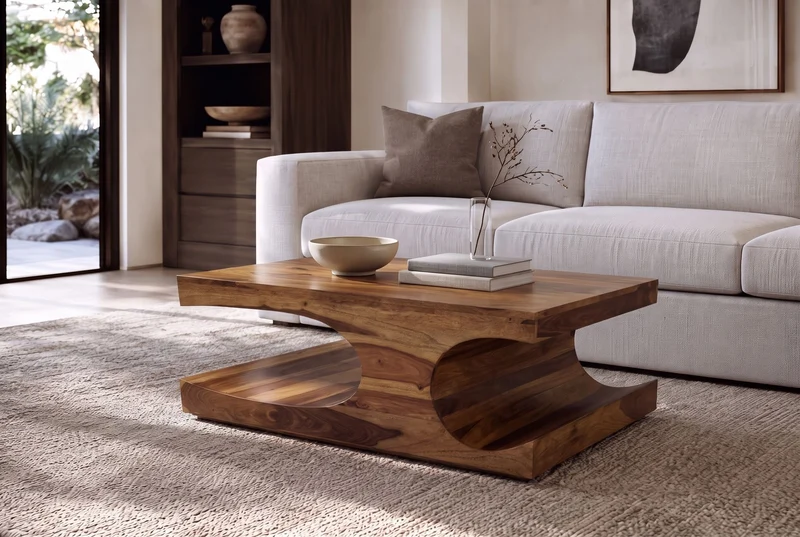 Massif table basse CUBUS 105cm en bois de sheesham brun finition pierre avec espace de rangement
