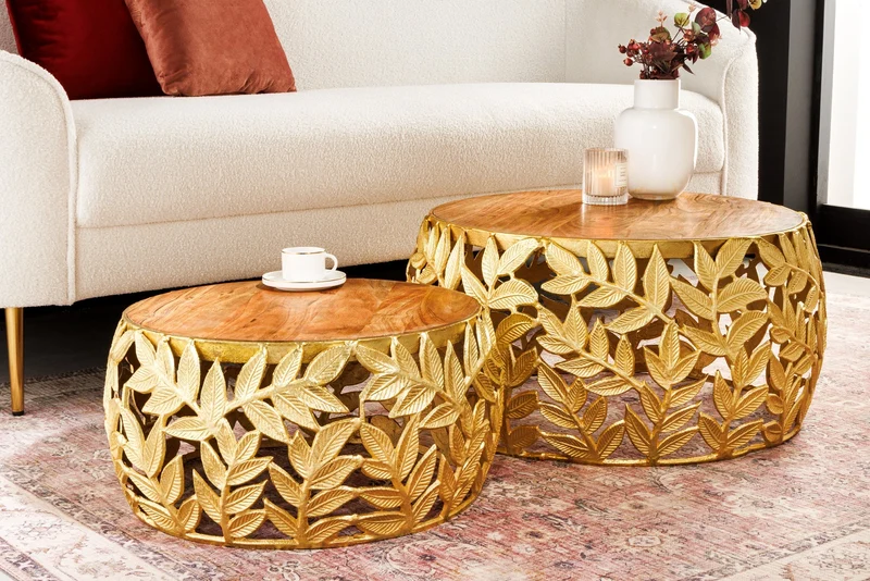 Lot de 2 tables basses rondes ABSTRACT LEAF 70cm bois massif doré naturel design feuille en métal acacia