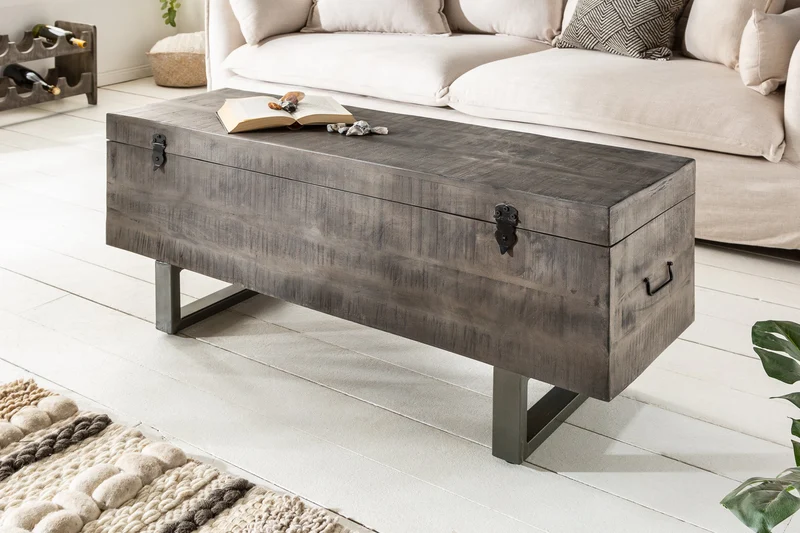 Banc coffre industriel FACTORY LOFT 115cm banc gris bois de manguier