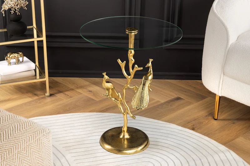 Table d'appoint ronde WILDLIFE PEACOCK 60cm plateau en verre doré sculpture paon en métal