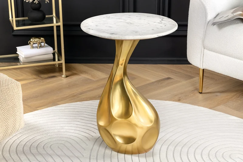 Table d'appoint ronde TEAR 60 cm or blanc avec plateau en marbre fait main