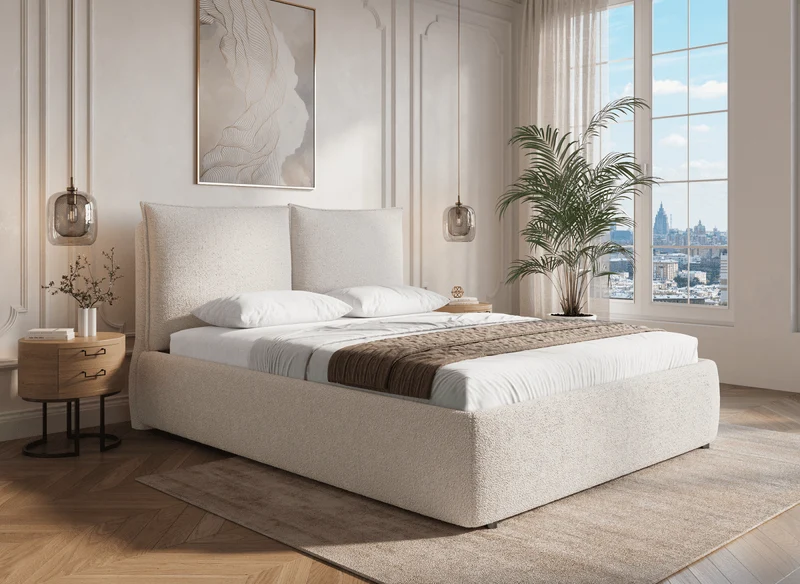 Lit coffre en tissu bouclette beige 140x190 cm MELY