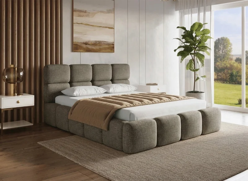 Lit coffre en velours chiné vert olive 140x190 cm BUBBLE