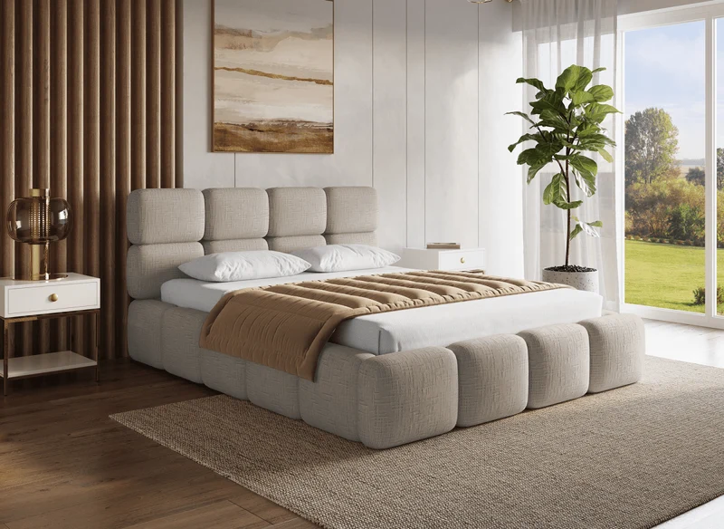 Lit coffre en velours chiné taupe 140x190 cm BUBBLE