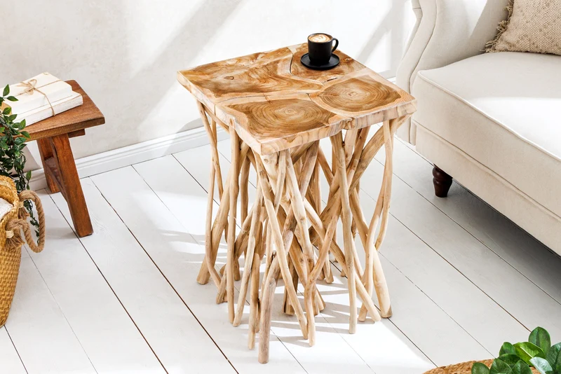 Table d'appoint carrée en bois massif DRIFTWOOD 60 cm en teck naturel au design sur pilotis