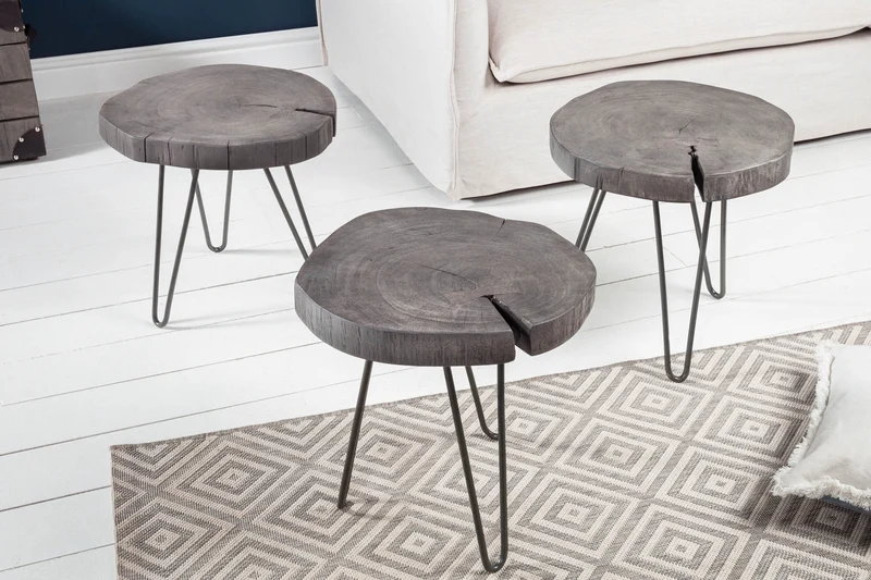 Table d'appoint ronde GOA 45cm bois d'acacia massif gris disque pieds épingles métal