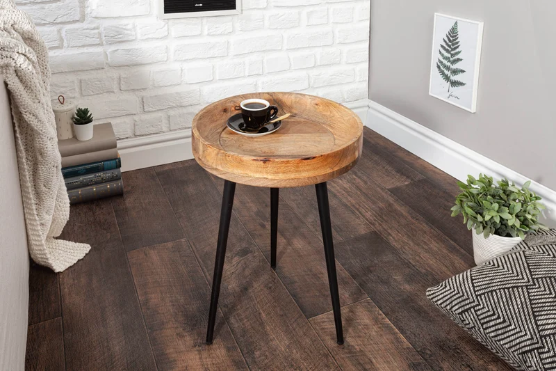 Table d'appoint massive PURE NATURE 35cm en bois de manguier naturel ronde avec pieds en métal noir