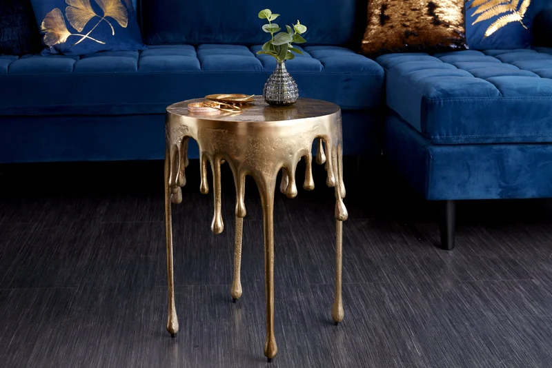 Table d'appoint extravagante LIQUID LINE 50cm design goutte d'or métal aluminium ronde
