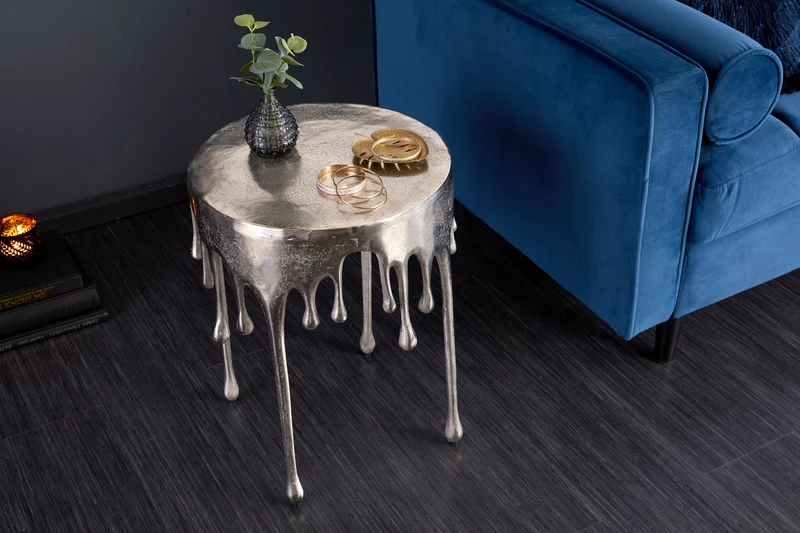 Table d'appoint extravagante LIQUID LINE 50cm design goutte argent métal aluminium ronde