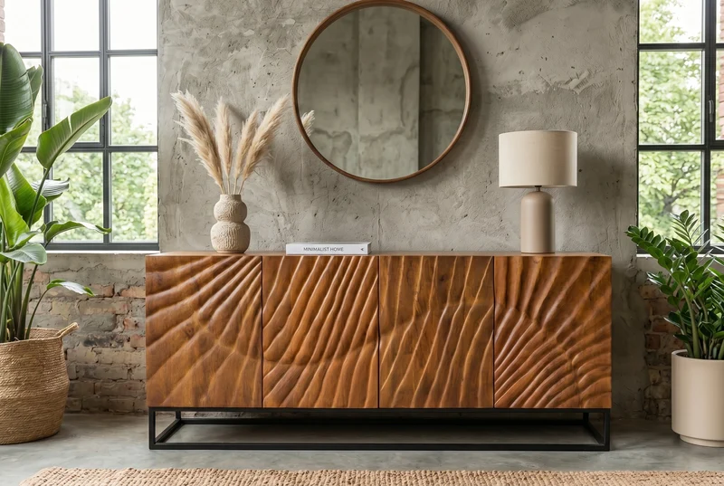 Buffet massif SCORPION 180cm en bois de manguier marron avec sculptures 3D élaborées