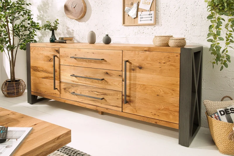 Buffet en bois massif THOR 200 cm avec tiroirs chêne sauvage naturel métal huilé noir
