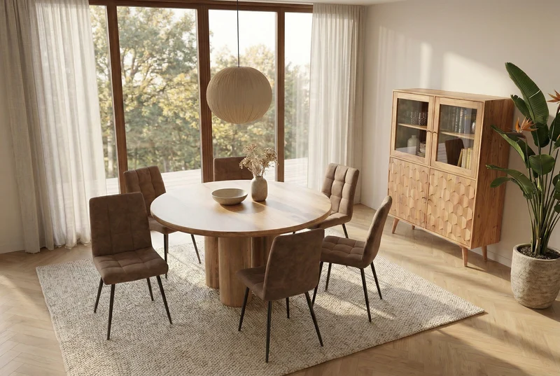 Table à manger ronde ART DECO 140cm en manguier massif naturel avec pieds colonnes