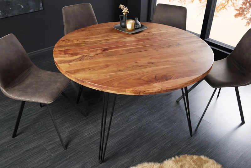 Table à manger ronde SCORPION 120cm en bois massif d’acacia naturel pieds en épingle design rétro