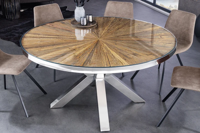Table à manger ronde BARRACUDA 140cm teck marron bois massif verre argent inox chromé